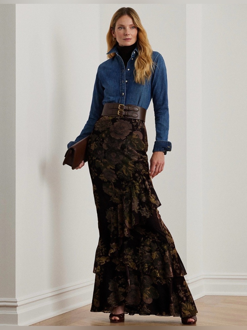 Lauren Ralph Lauren Floral Burnout Velvet Tiered Maxi Skirt Burgundy Size 16